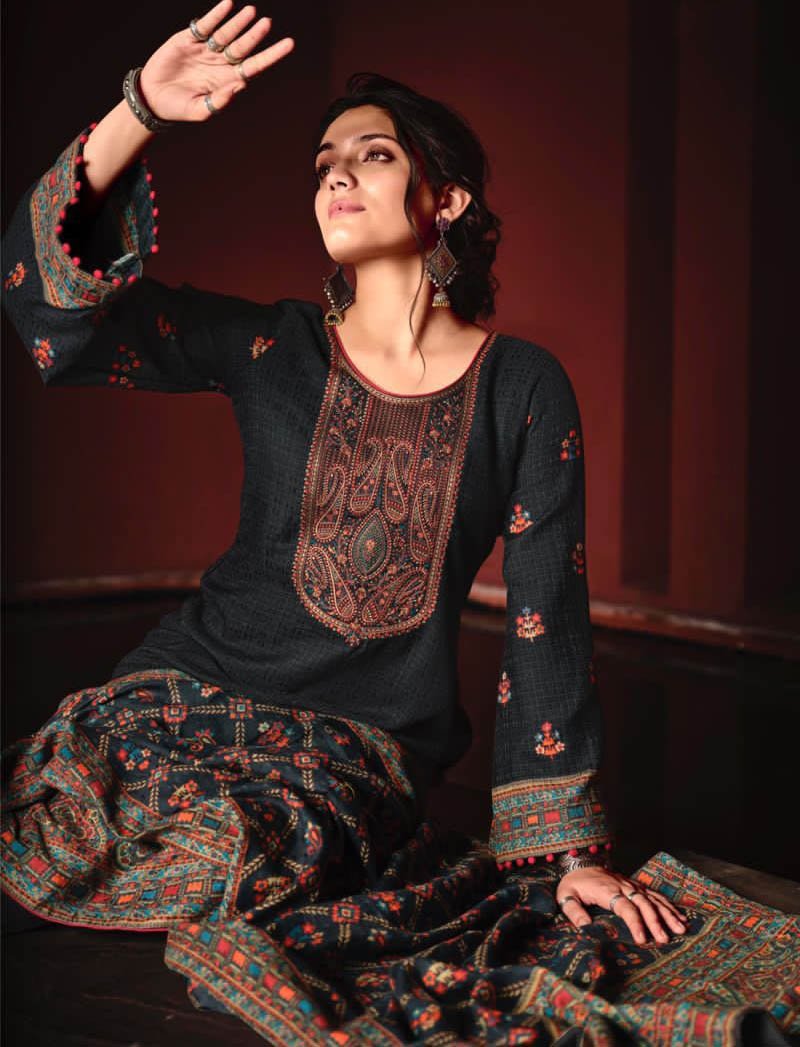 Woolen Pashmina Black Winter Unstitched Suits With shawl