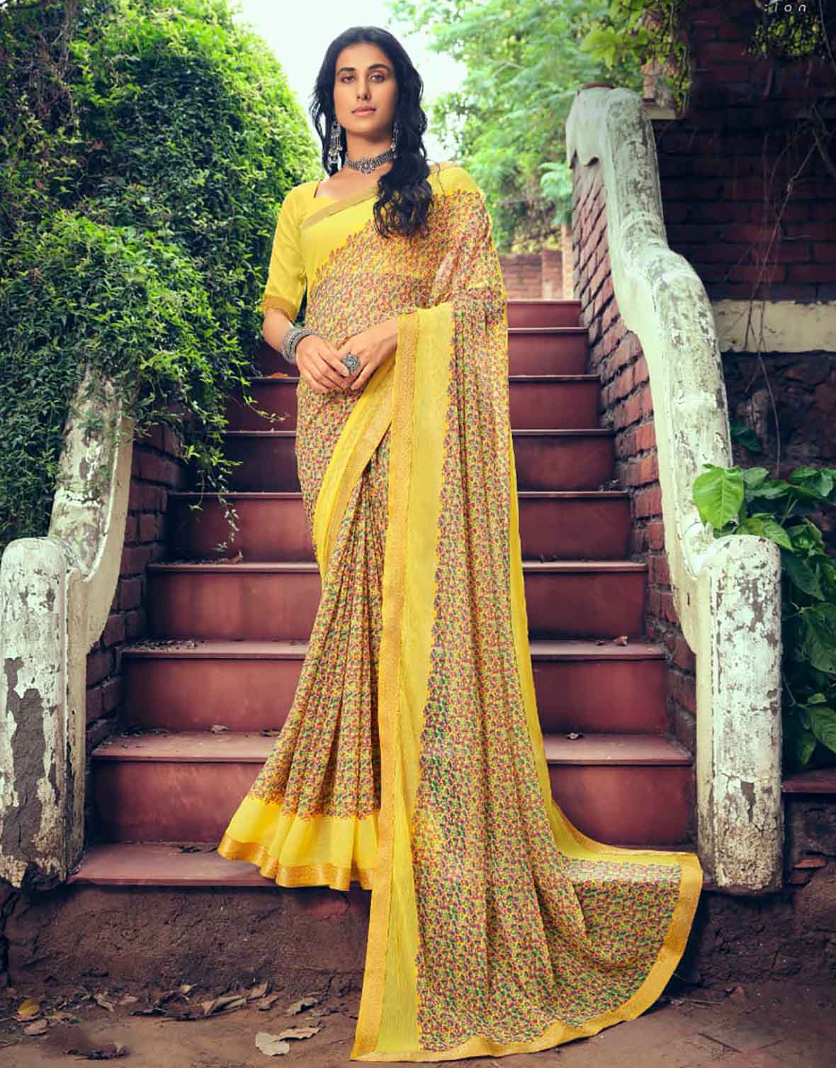 Yellow Chiffon Printed Fancy Lace Border Saree for Women