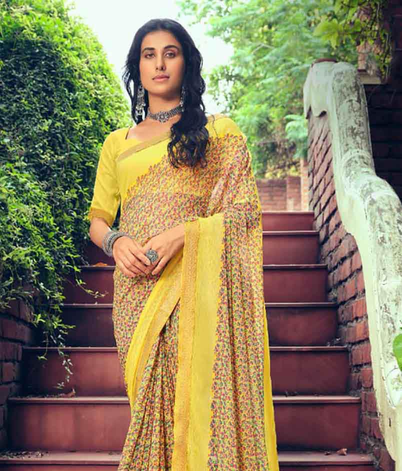 Yellow Chiffon Printed Fancy Lace Border Saree for Women