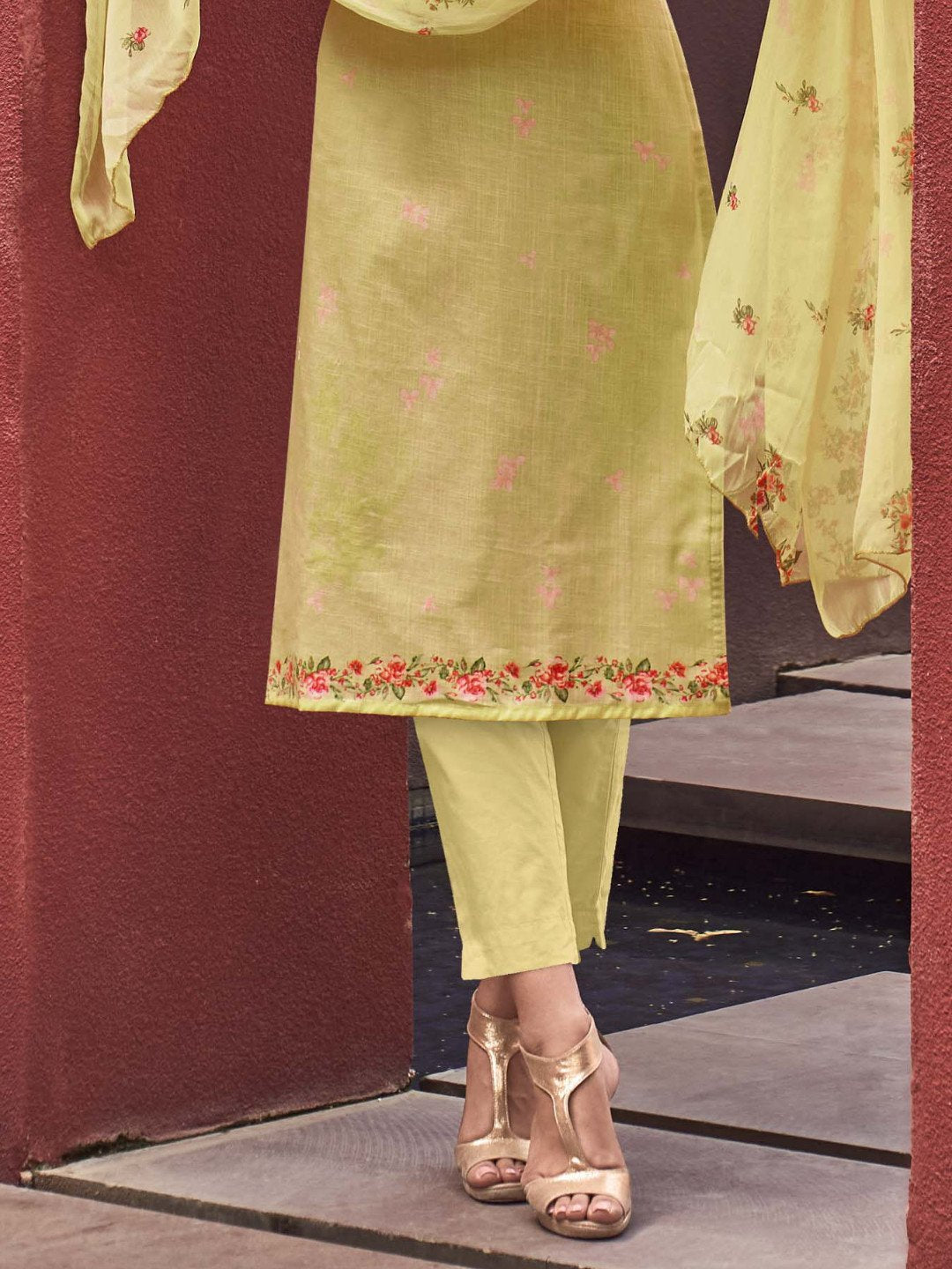 Yellow Cotton Linen Printed Unstitched Suit Material for Ladies