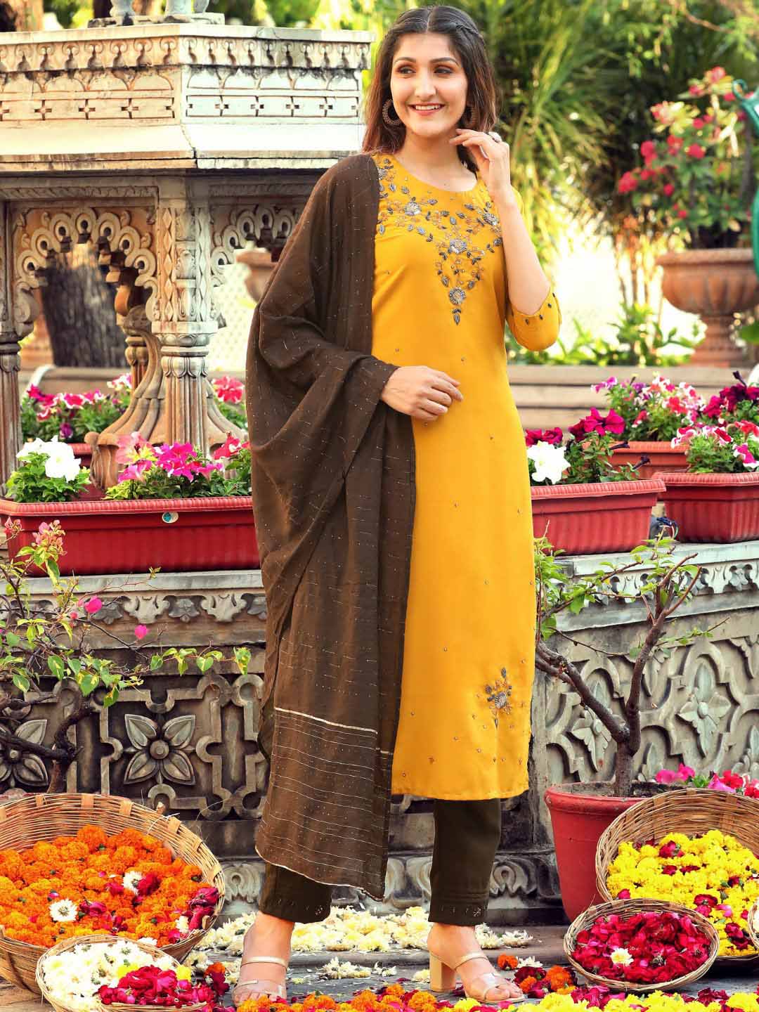 Yellow Cotton Silk Fully Stitched Suit with Banarasi Dupatta