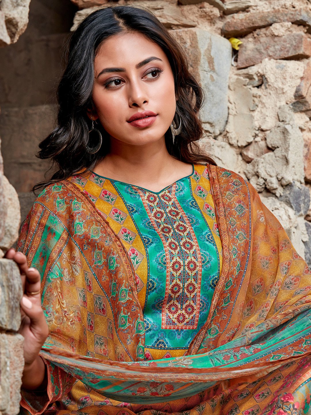 Women's Yellow Unstitched Cotton Suit Material with Chiffon Dupatta