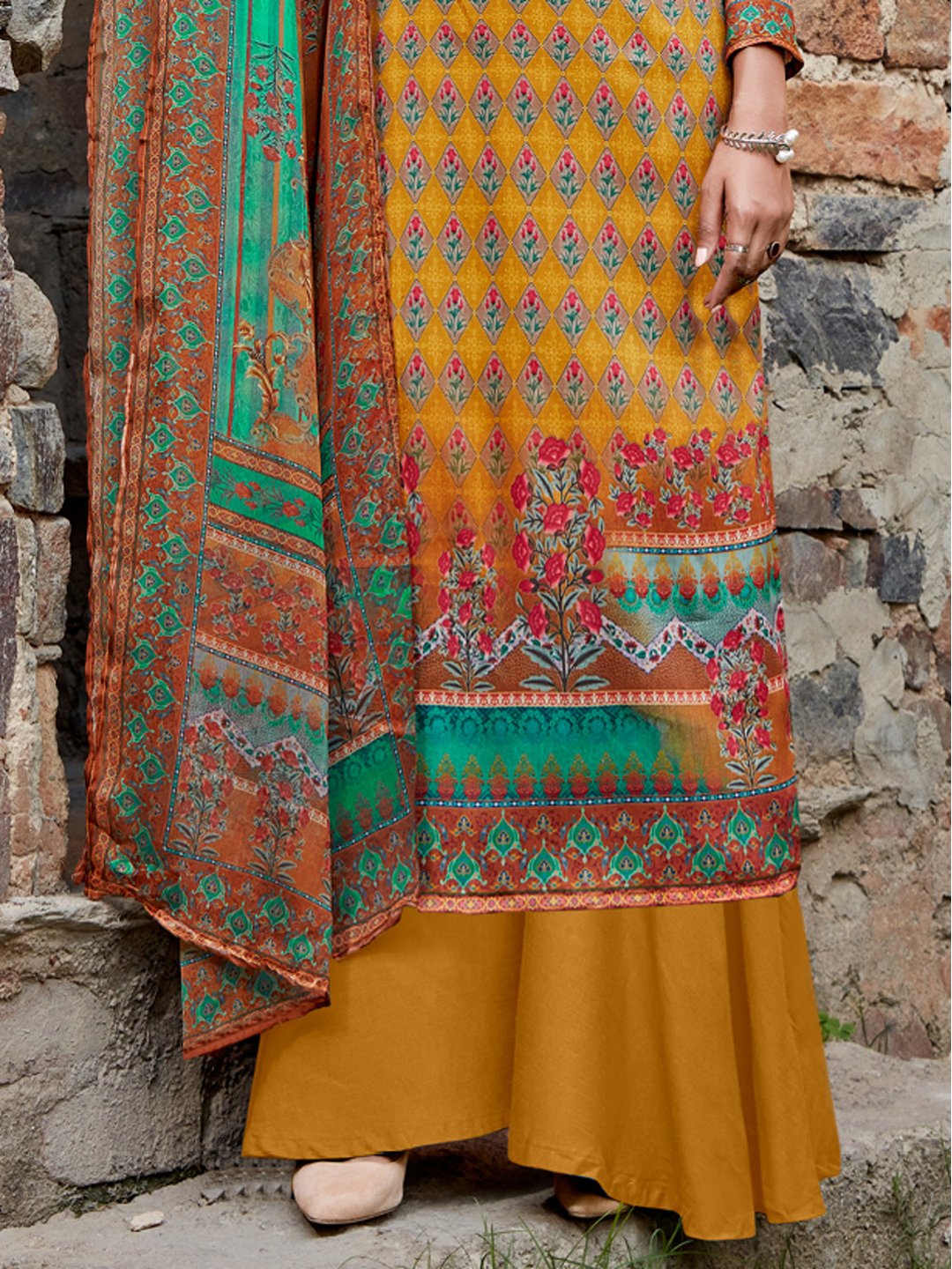 Women's Yellow Unstitched Cotton Suit Material with Chiffon Dupatta