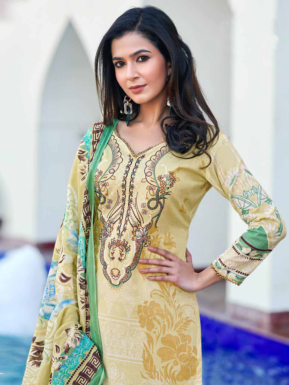 Yellow Pakistani Style Lawn Cotton Suit Material for Ladies
