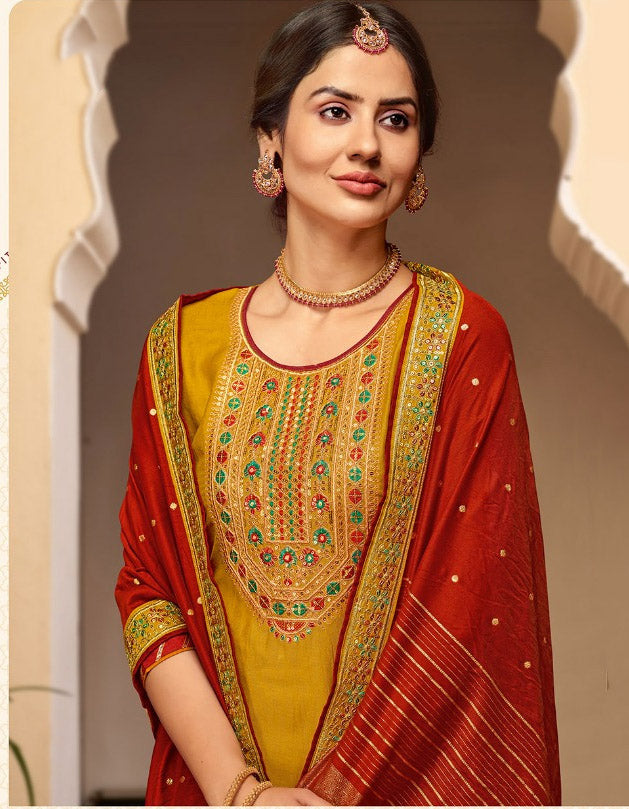 Yellow Pant Style Silk Zari Ladies suit Material With Embroidery Work