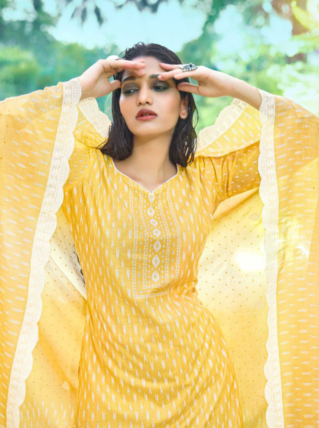 Yellow Pure Cotton Printed Unstitched Suit Set