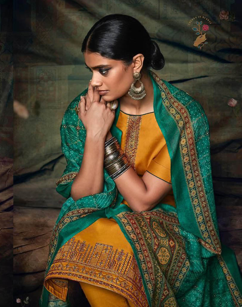 Yellow Unstitched Salwar Suits with Bandhani Dupatta