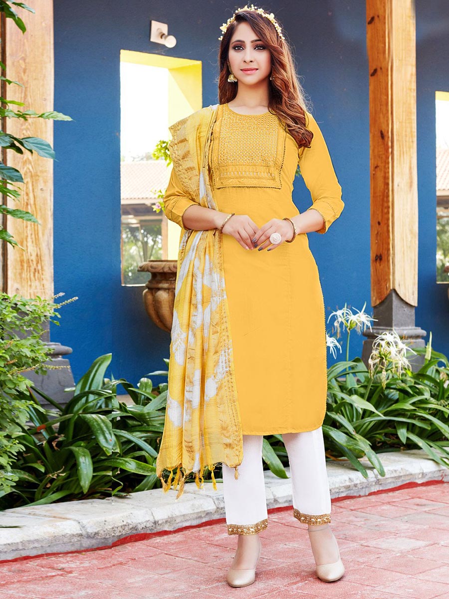 Yellow Viscose Stitched Readymade Suit with Dupatta