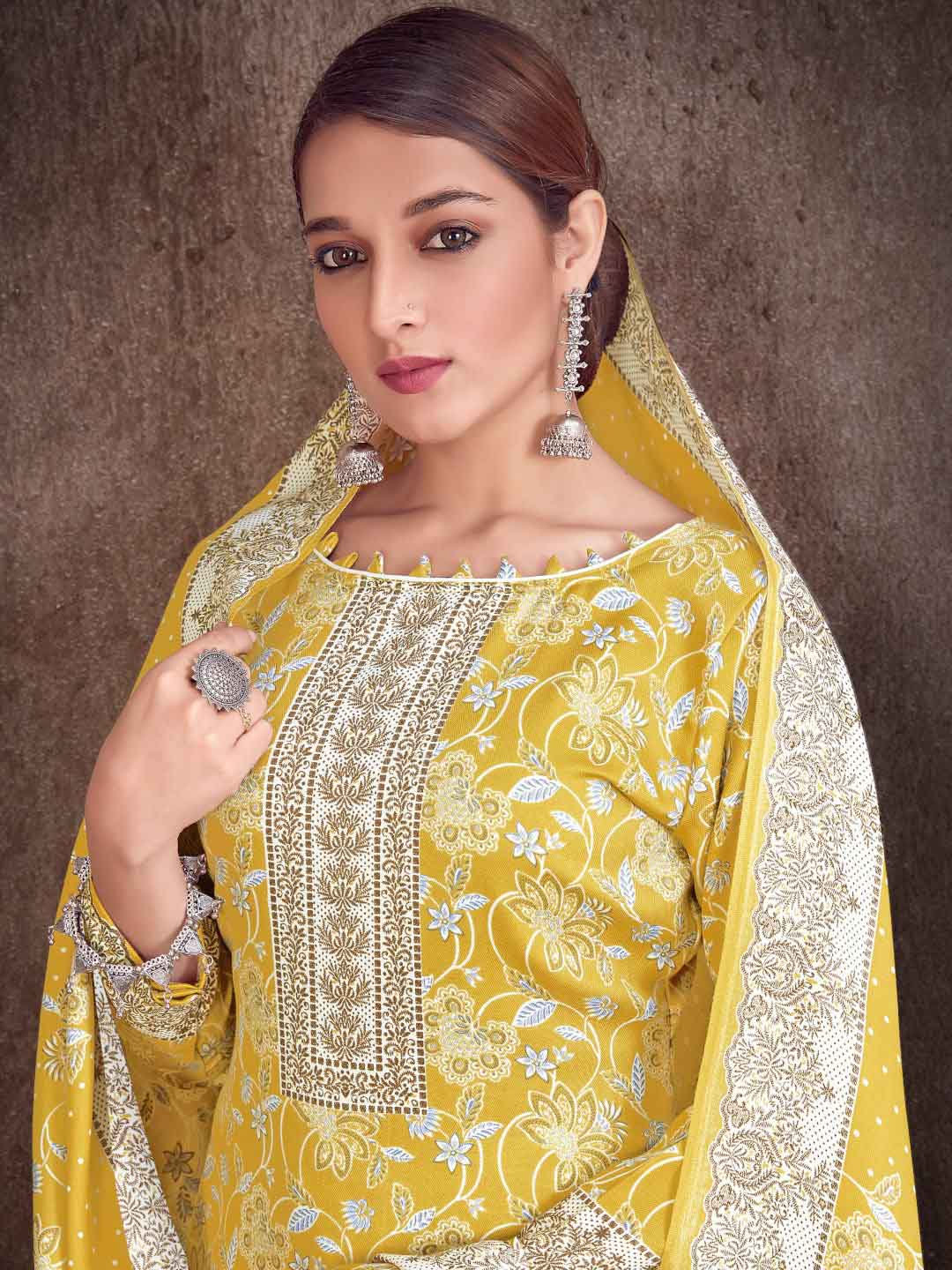 Yellow Wool Pashmina Printed Unstitched Suit Set