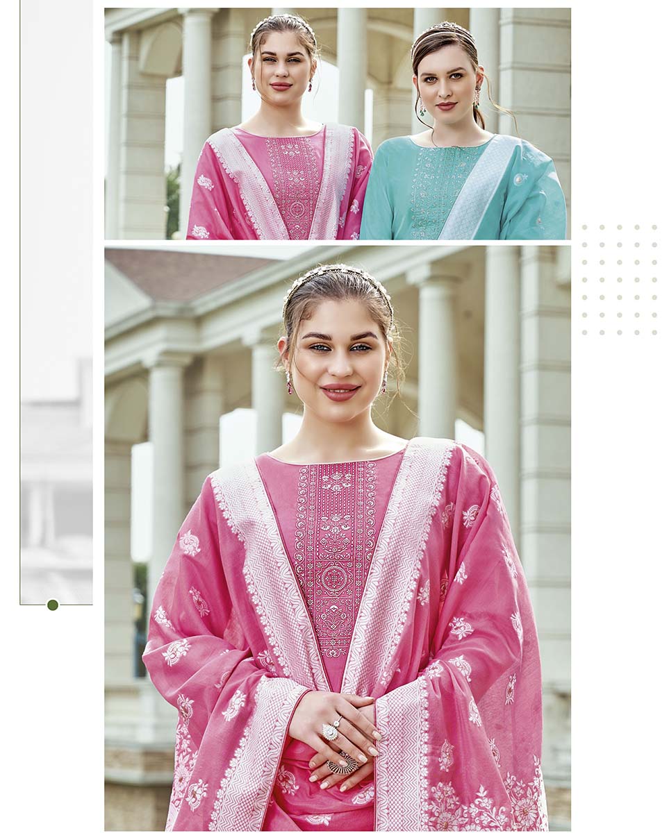 Zam Cotton Pink Unstitched Suit Material with Lucknowi Work