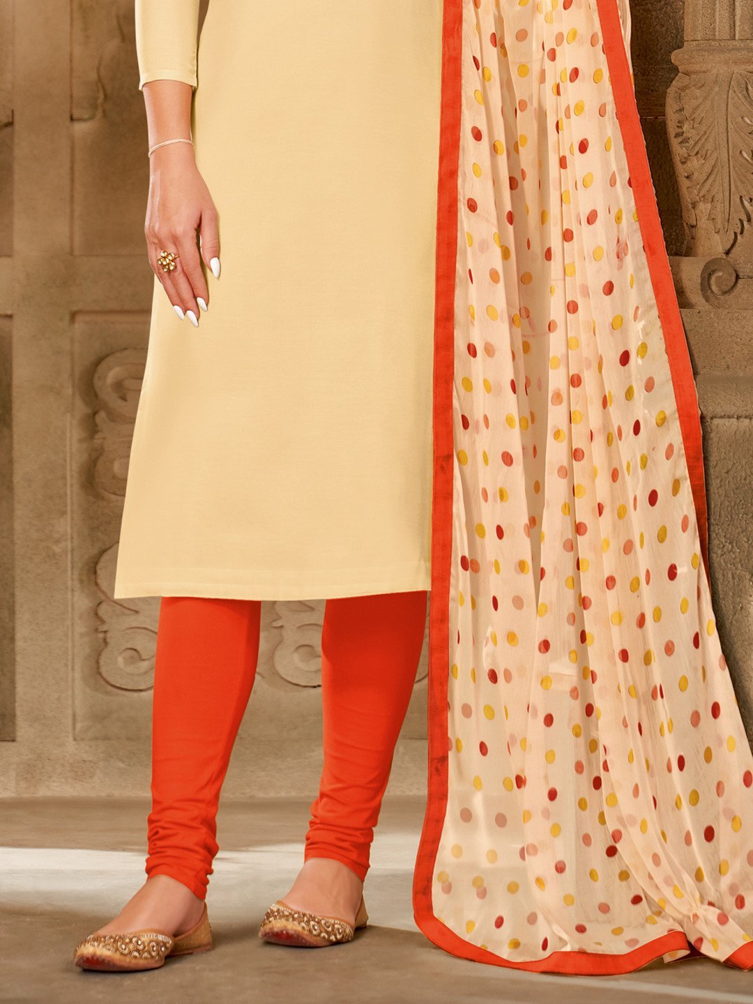 Zari Work Beige Chanderi Cotton Unstitched Suit Material with Dupatta