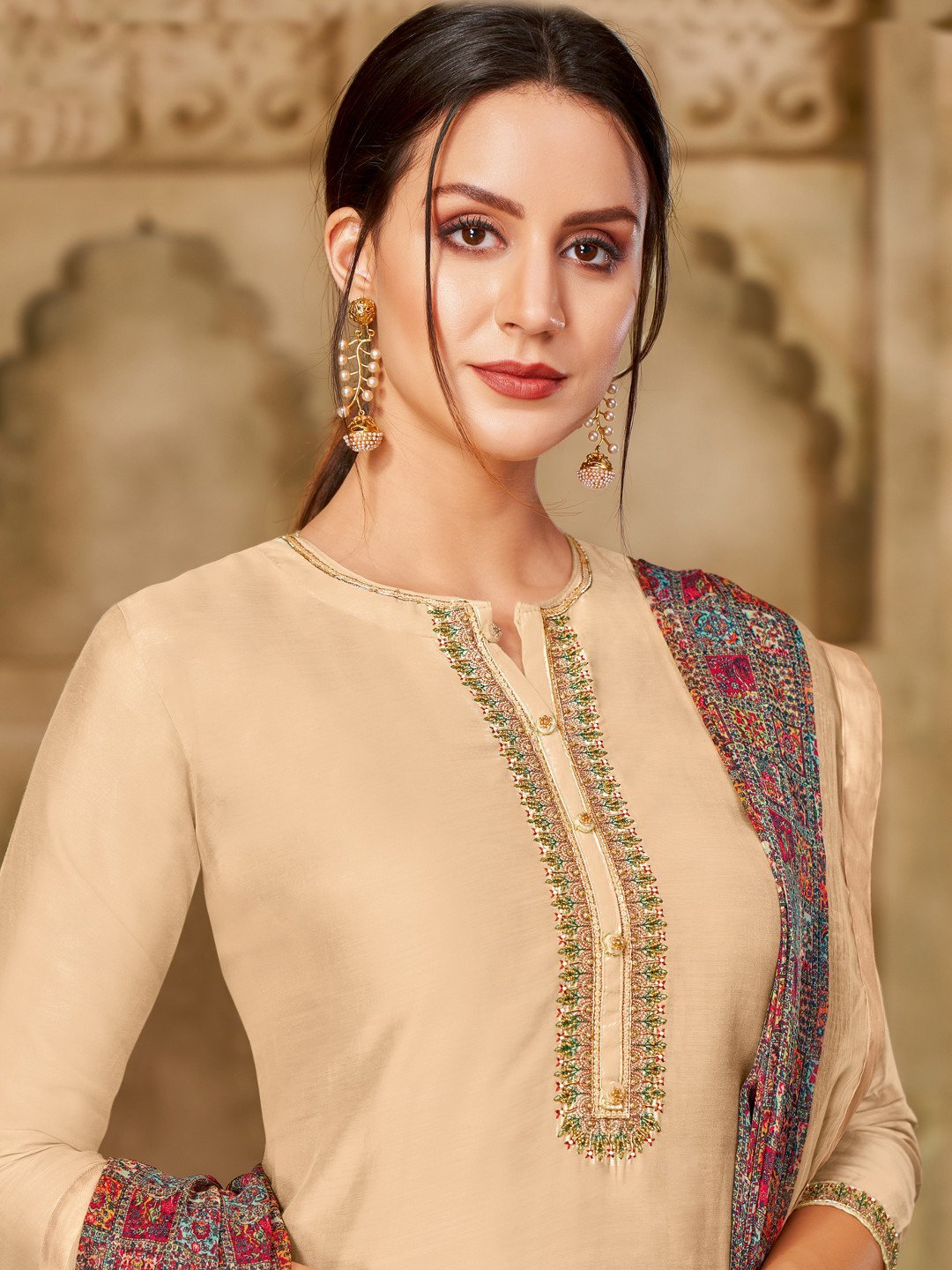 Zari Work Beige Cotton Un-Stitched Suit with Printed Dupatta