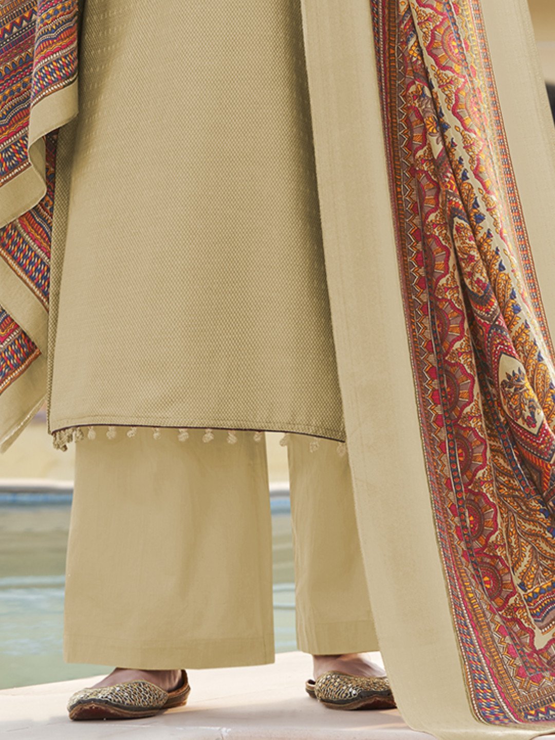 Zari Work Beige Embroidered Un-Stitched Suit Material