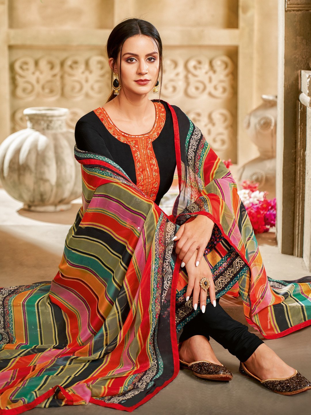 Zari Work Black Cotton Un-Stitched Suit with Printed Dupatta