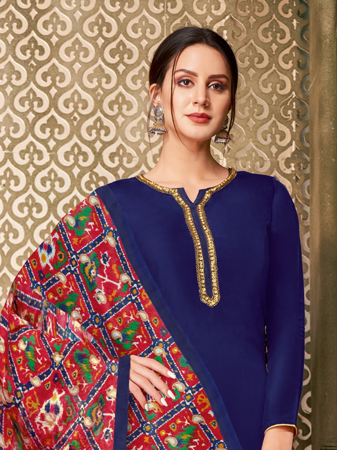 Zari Work Blue Chanderi Cotton Unstitched Suit Material with Dupatta