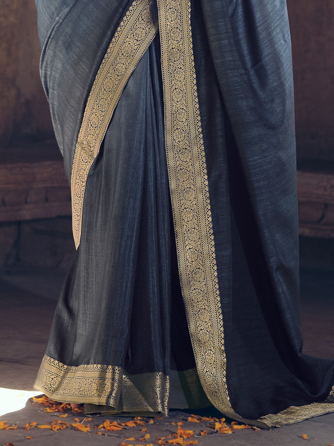 Zari Work Faux Silk Dark Grey Designer Women Saree