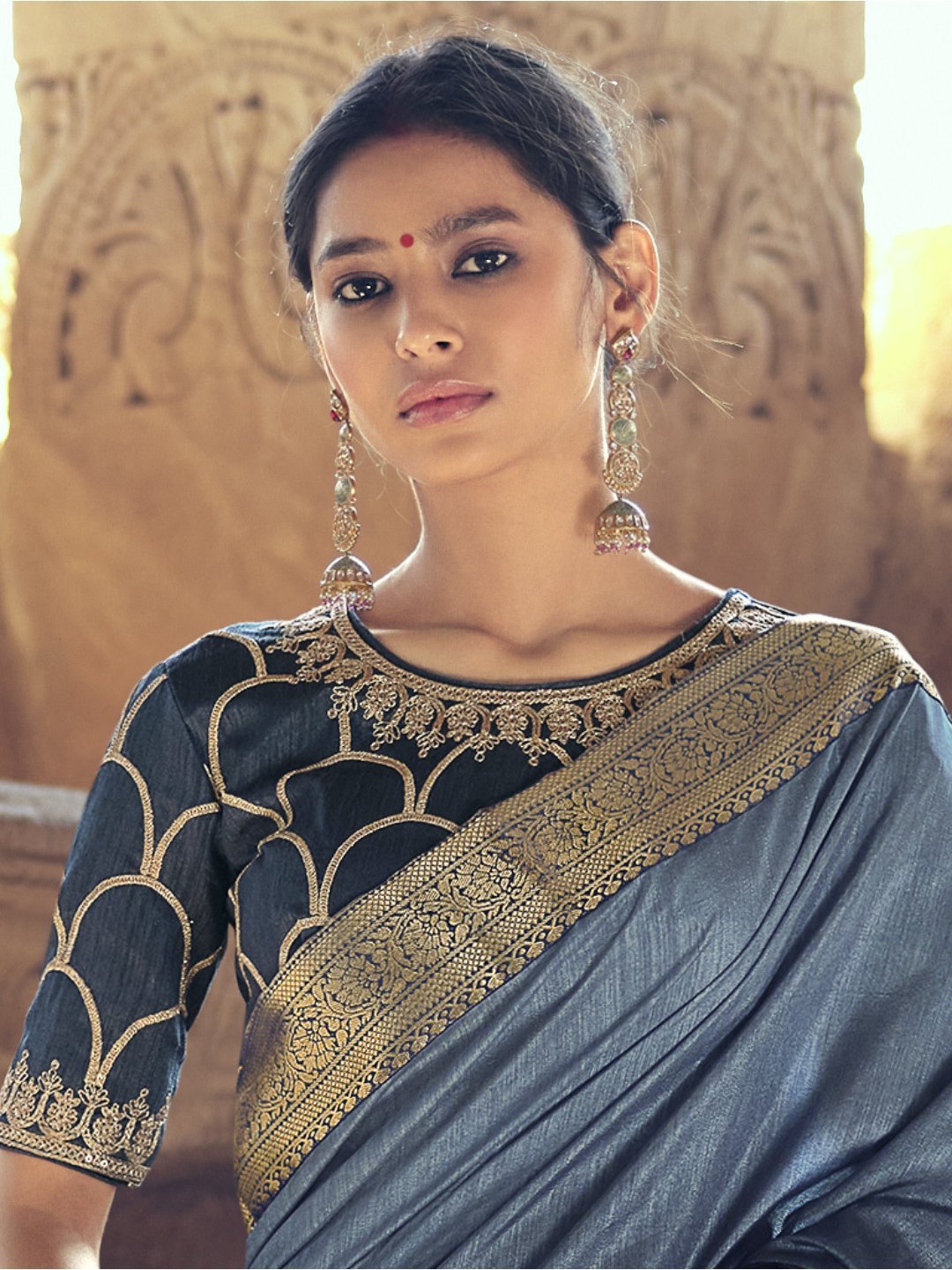 Zari Work Faux Silk Dark Grey Designer Women Saree