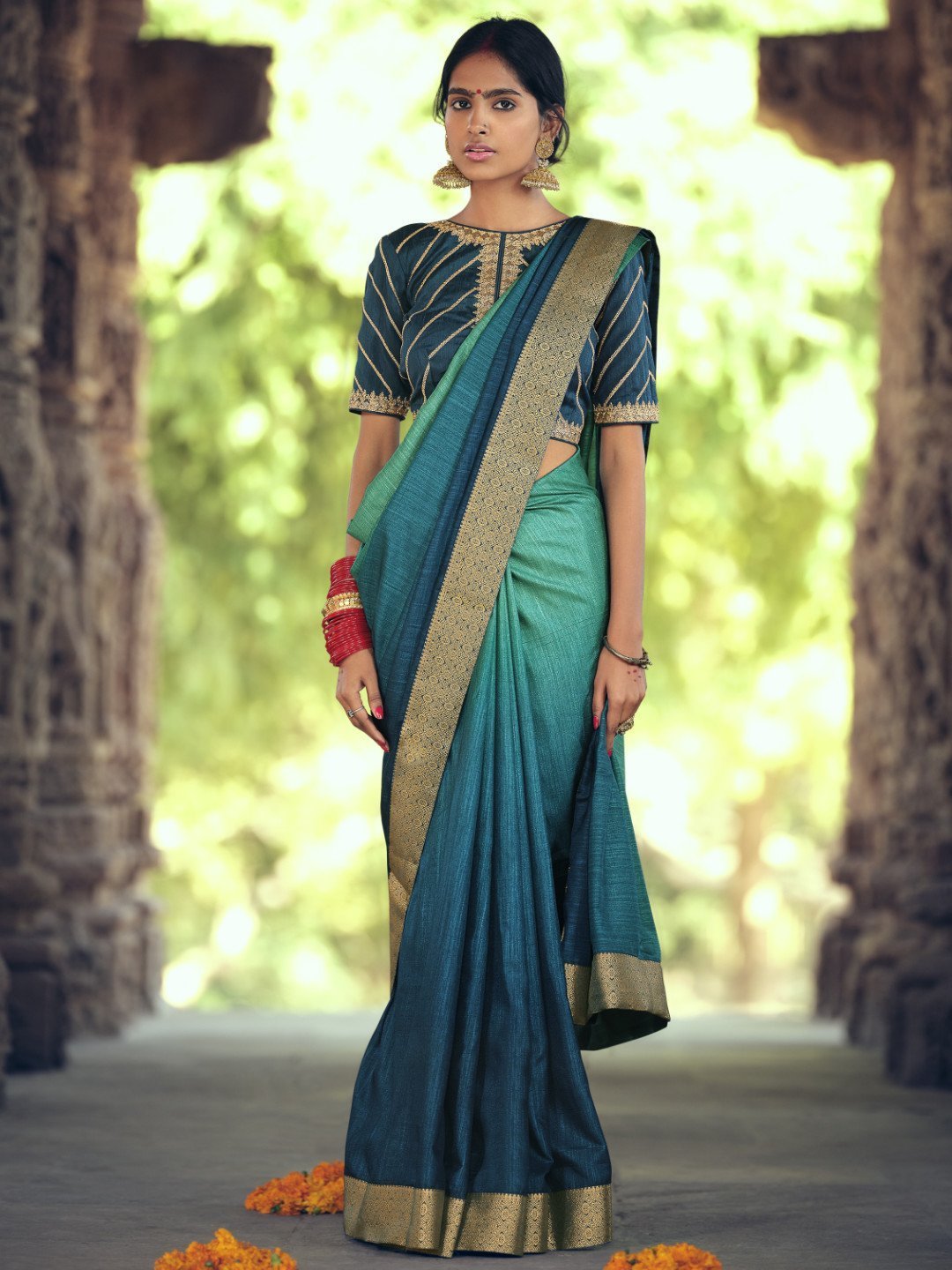 Zari Work Faux Silk Green Designer Women Saree
