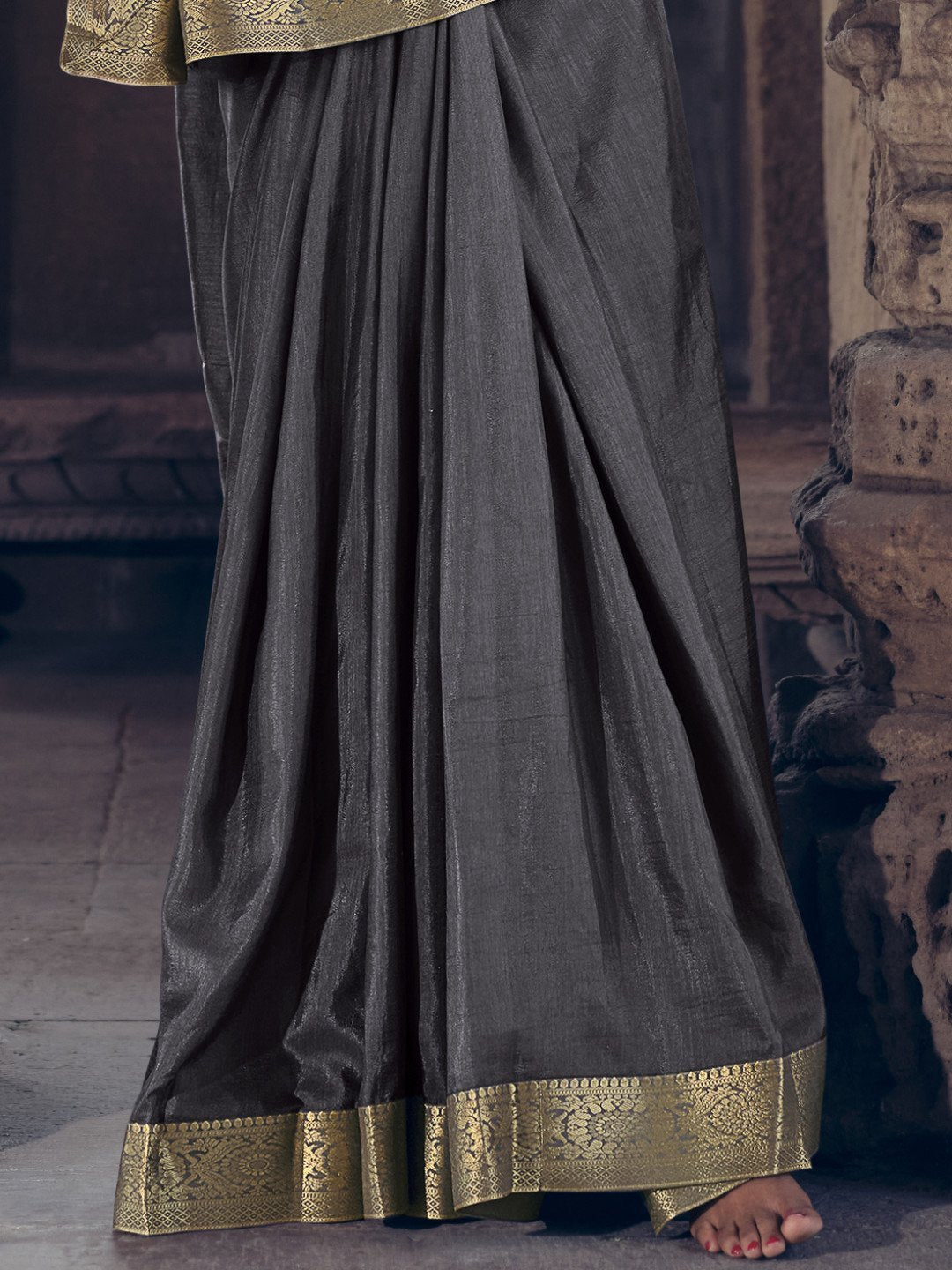Zari Work Faux Silk Grey Dark Designer Women Saree