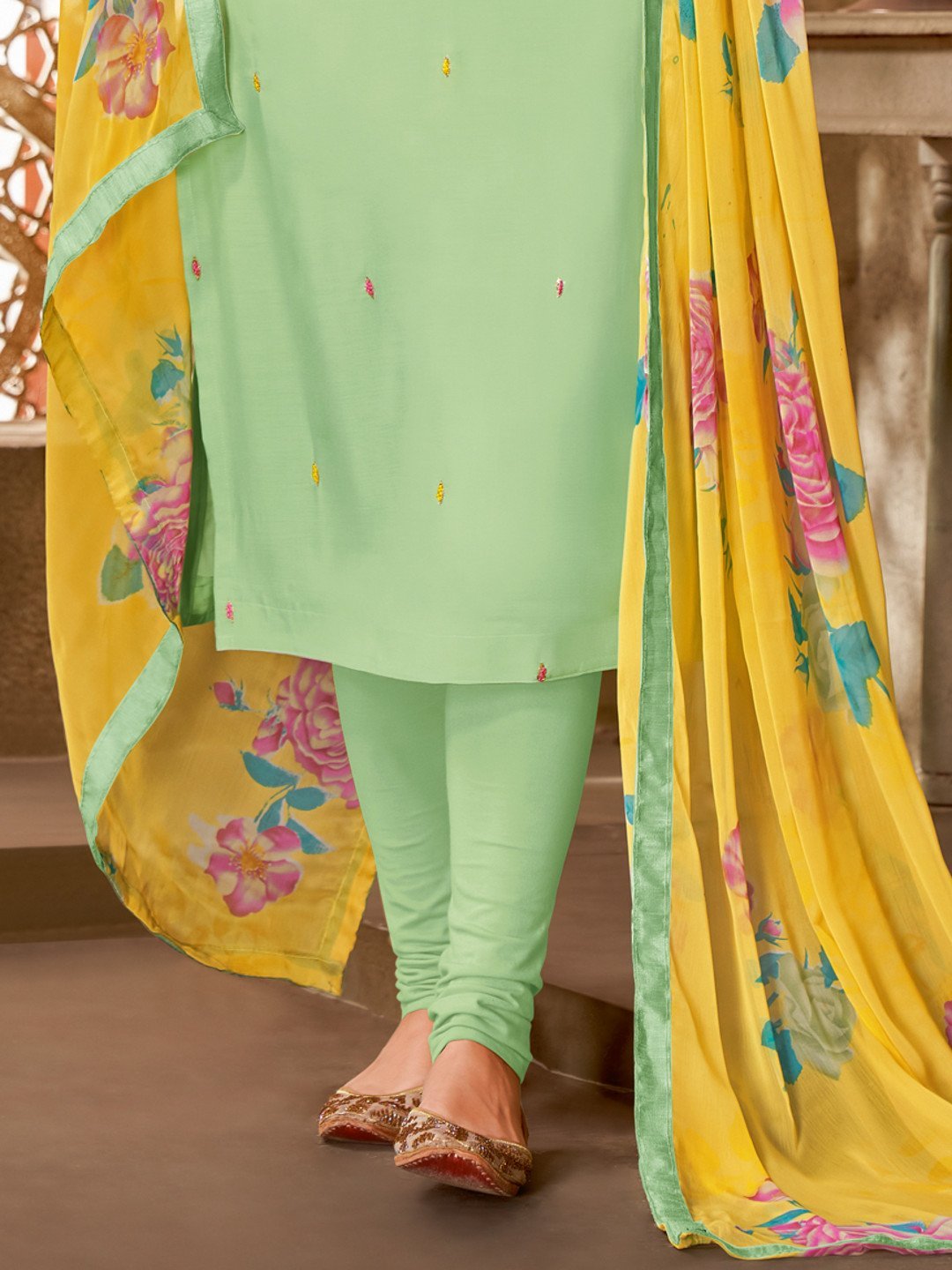 Zari Work Green Cotton Un-Stitched Suit with Printed Dupatta