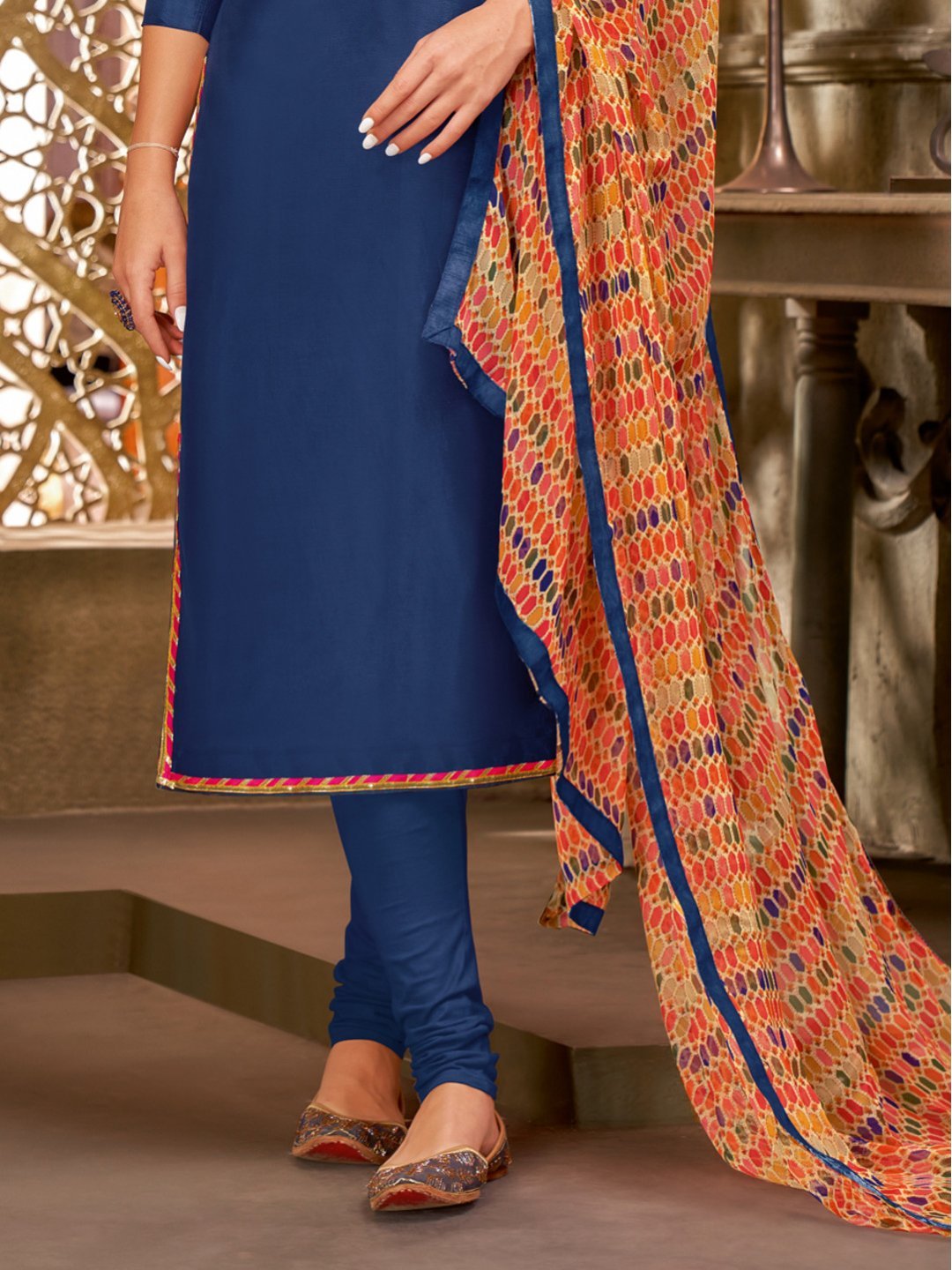 Zari Work Navy Blue Cotton Un-Stitched Suit with Printed Dupatta