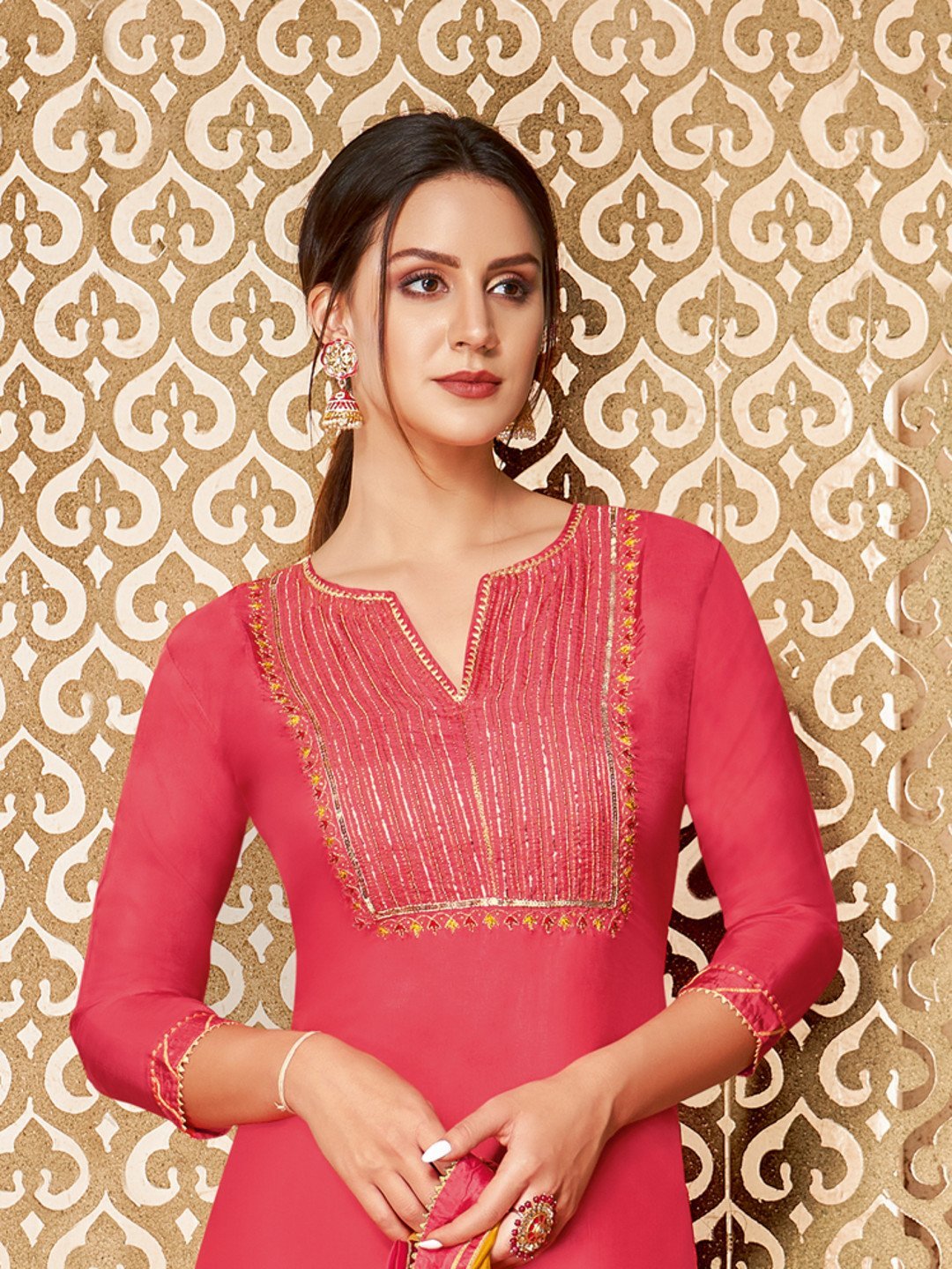 Zari Work Pink Chanderi Cotton Unstitched Suit Material with Dupatta