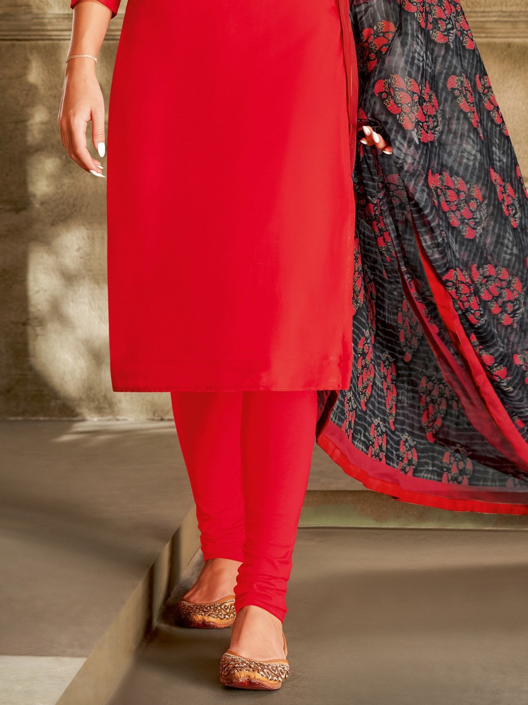 Zari Work Red Cotton Un-Stitched Suit Material
