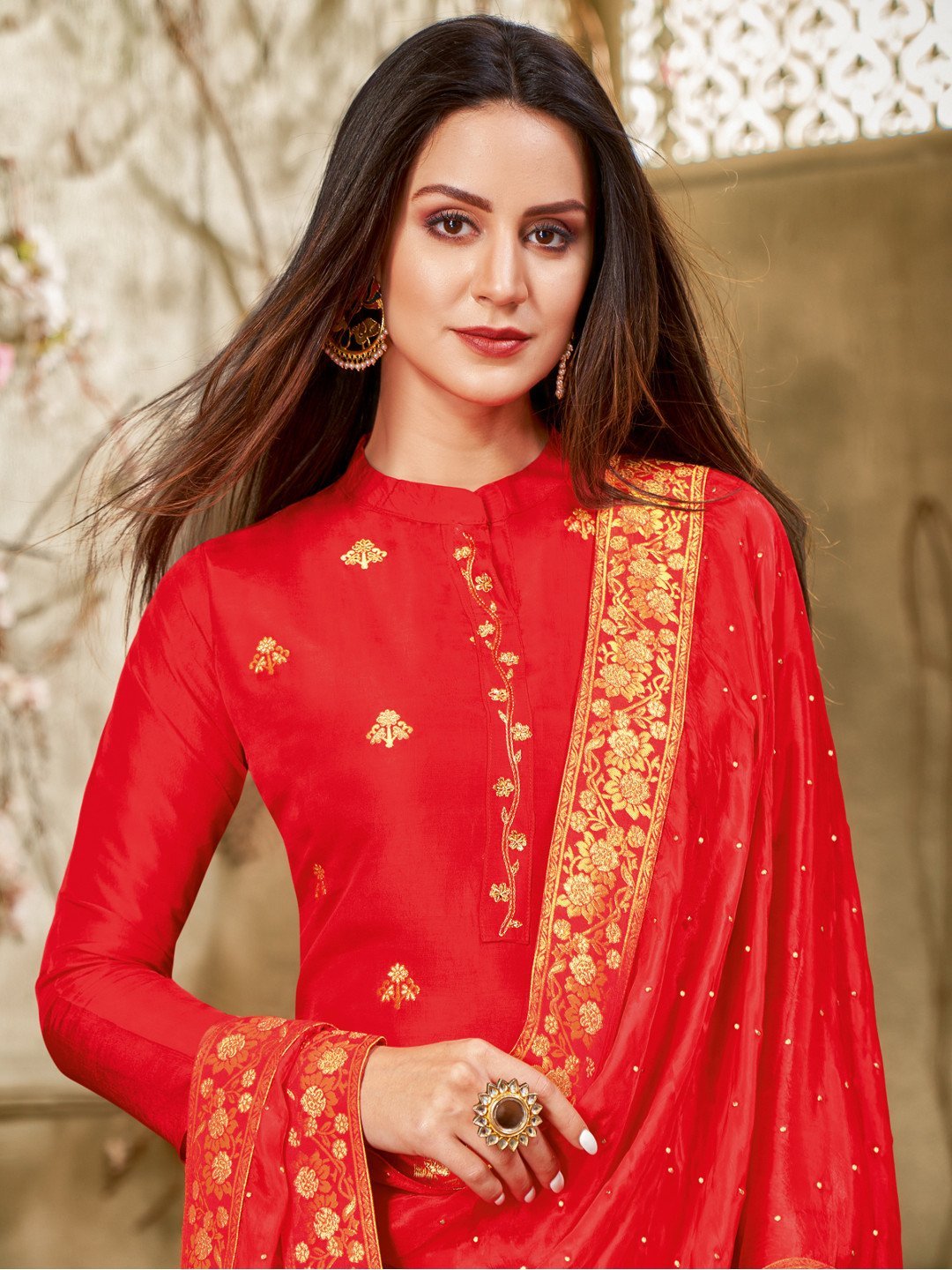Zari Work Red Cotton Un-Stitched Suit with Printed Dupatta