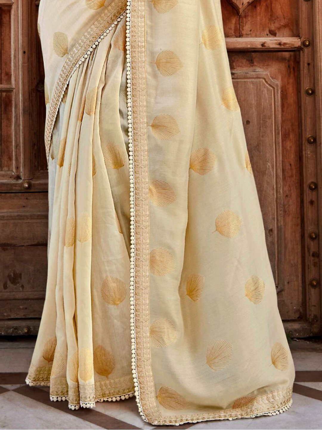 Zari Work With Embroidery Lace Cream Color Cotton Silk Saree
