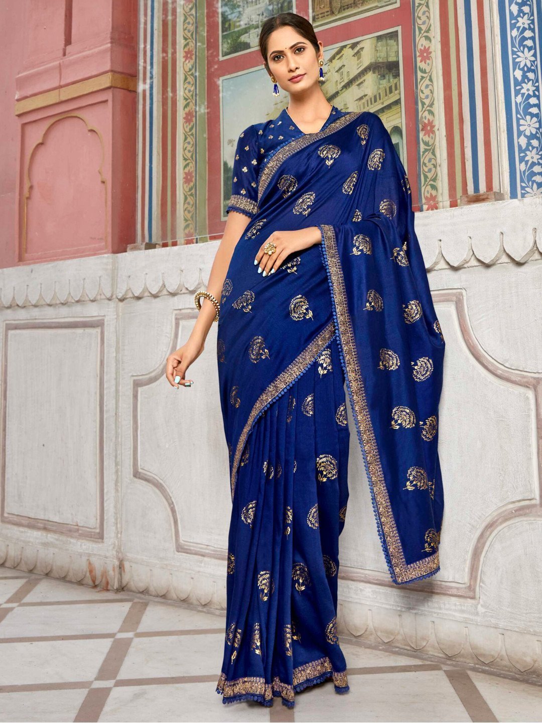 Zari Work With Embroidery Lace Dark Blue Cotton Silk Saree