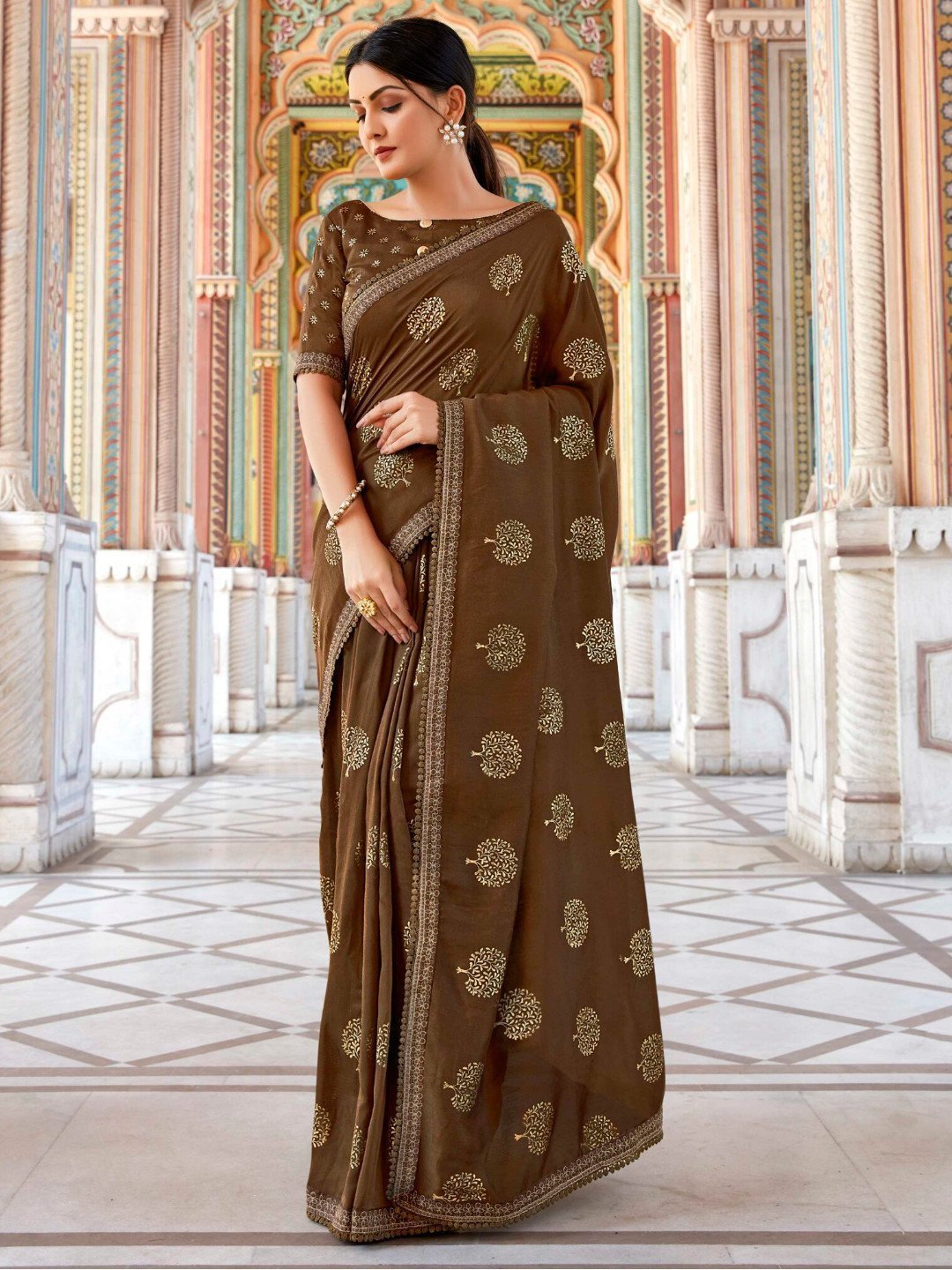 Zari Work With Embroidery Lace Dark Brown Cotton Silk Saree