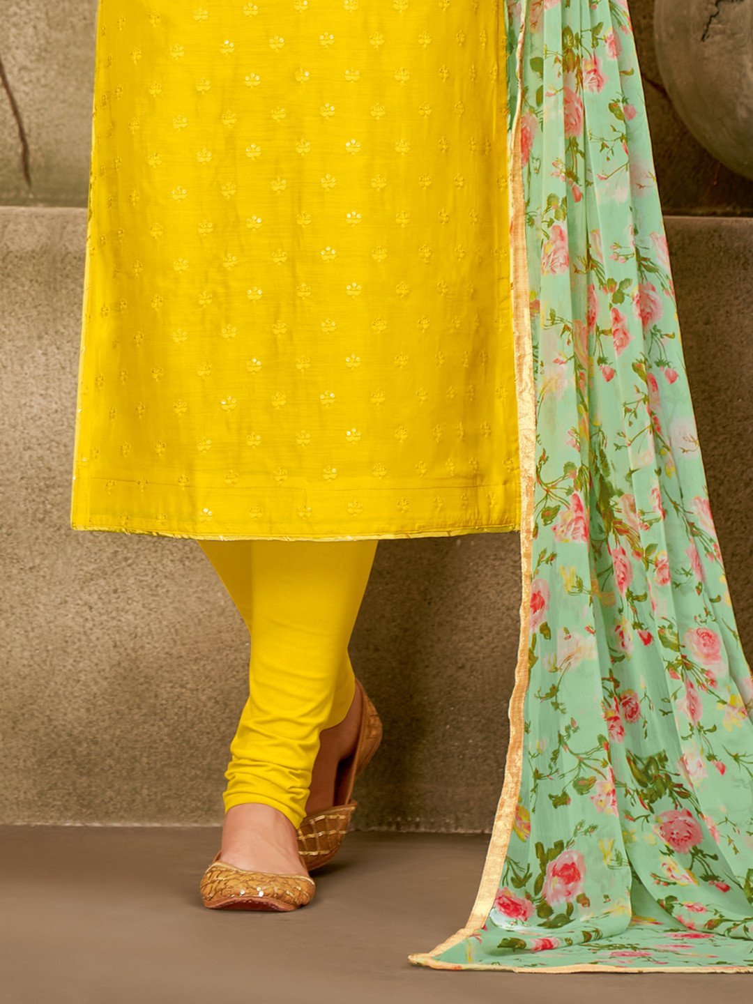 Zari Work Yellow Cotton Un-Stitched Suit with Printed Dupatta