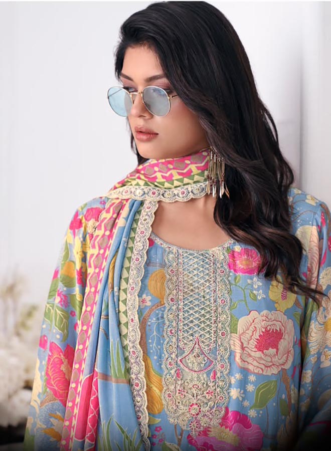 Premium Party Wear Muslin Unstitched Suit Dress Material for Women with Floral Print, Embroidery & Designer Dupatta