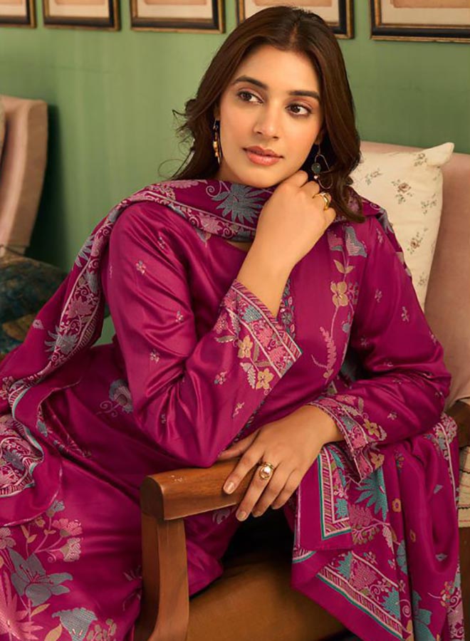 Women wearing magenta cotton satin suit dress material with floral print and matching dupatta