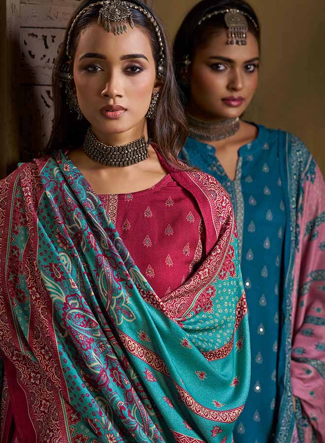 winter unstitched viscose Pashmina suit for women with mirror work and printed dupatta