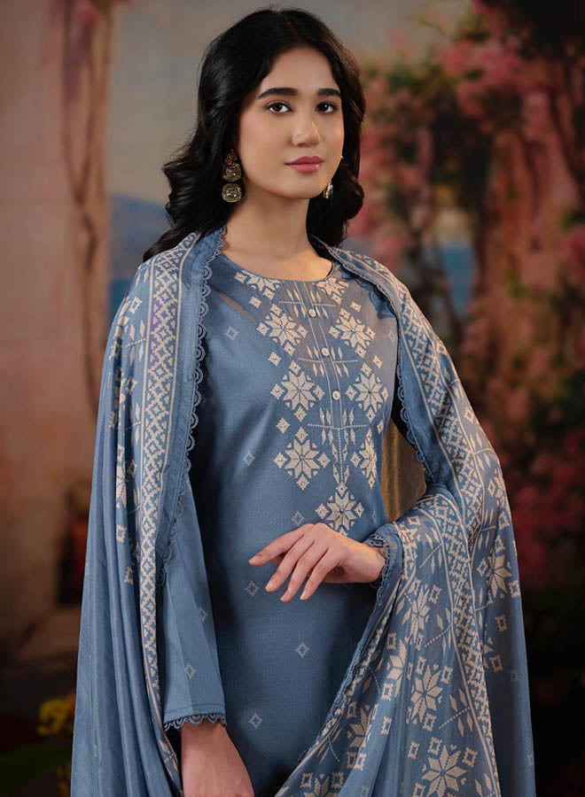 Women wearing pure cotton unstitched salwar suit dress material with elegant hand work and matching dupatta