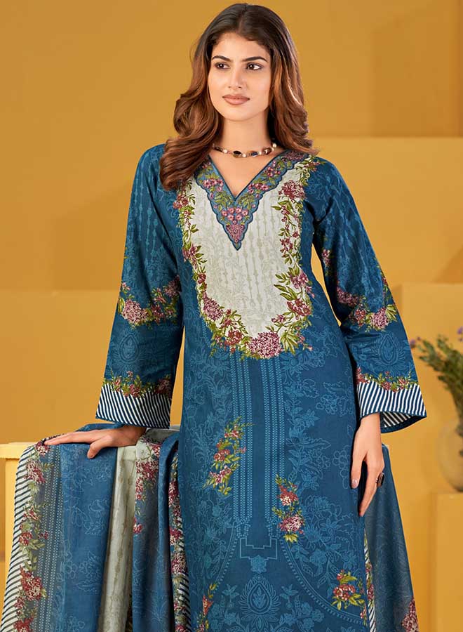 Pakistani unstitched suit with embroidered neckline and floral printed dupatta on model
