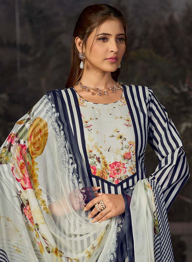 Elegant Cotton Suit with Floral Dupatta