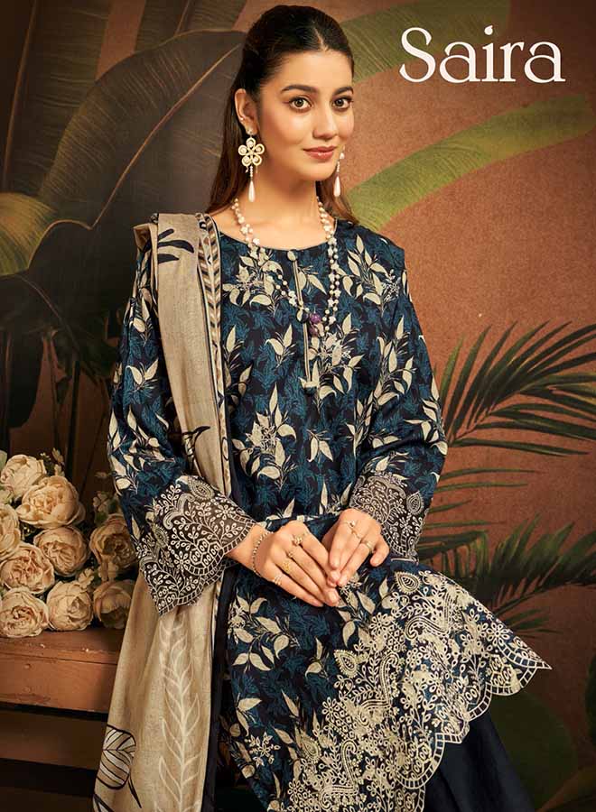 Women wearing navy blue cotton unstitched suit dress material with daman and sleeve embroidery design.