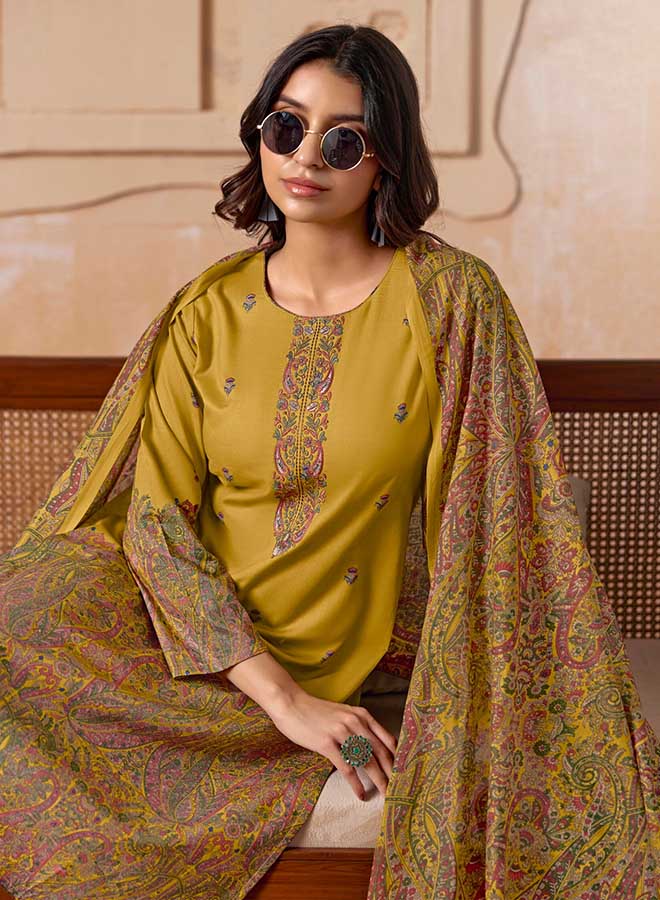 ambric cotton unstitched suit material with intricate embroidered paisley design and matching printed dupatta”