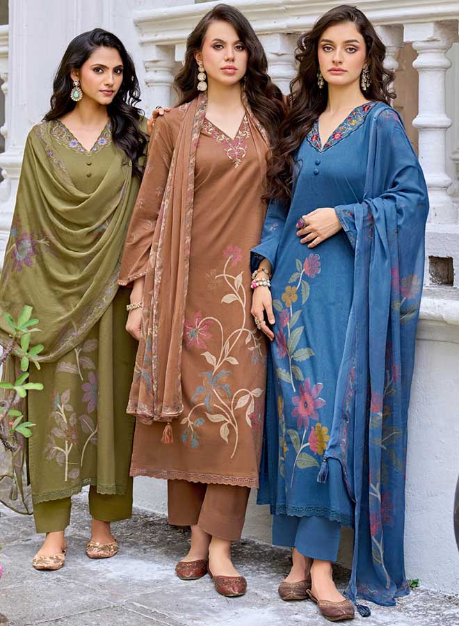 Floral Printed Cotton Unstitched Suit Set for Women with Dupatta