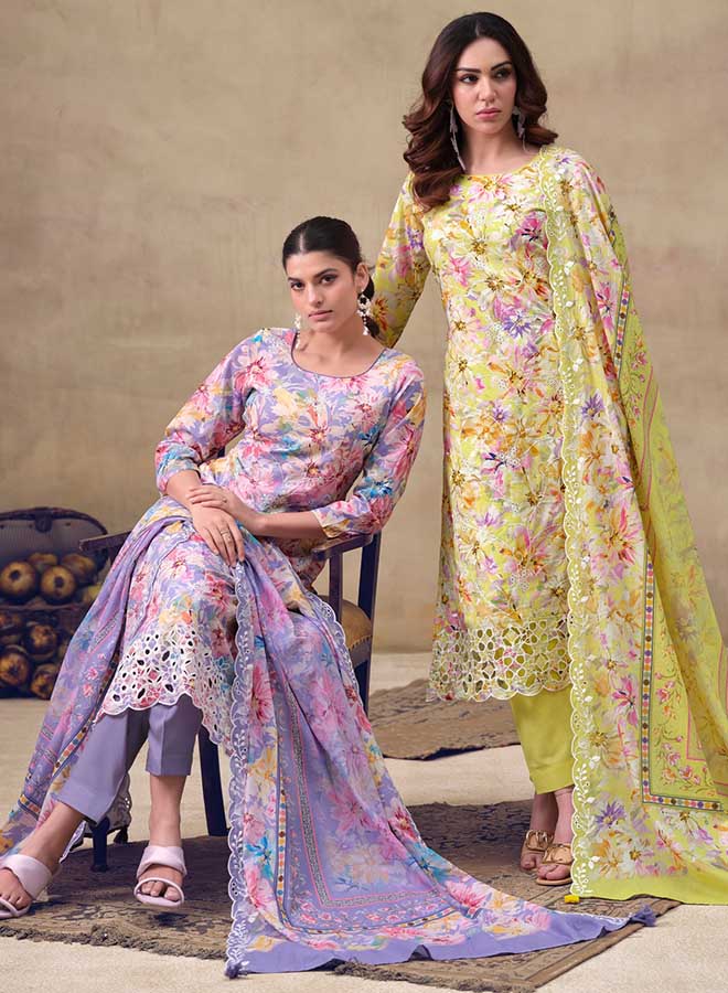 Women’s floral lawn cotton unstitched suit dress material with embroidery and matching dupatta