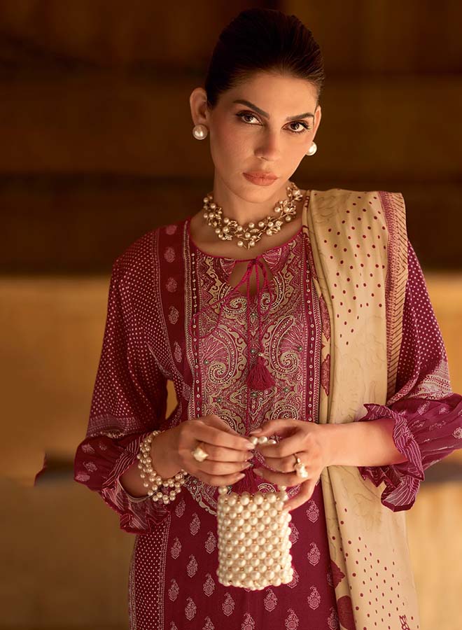 Premium Muslin Unstitched Suit Material for Women with Embroidered and Printed Tassel Dupatta