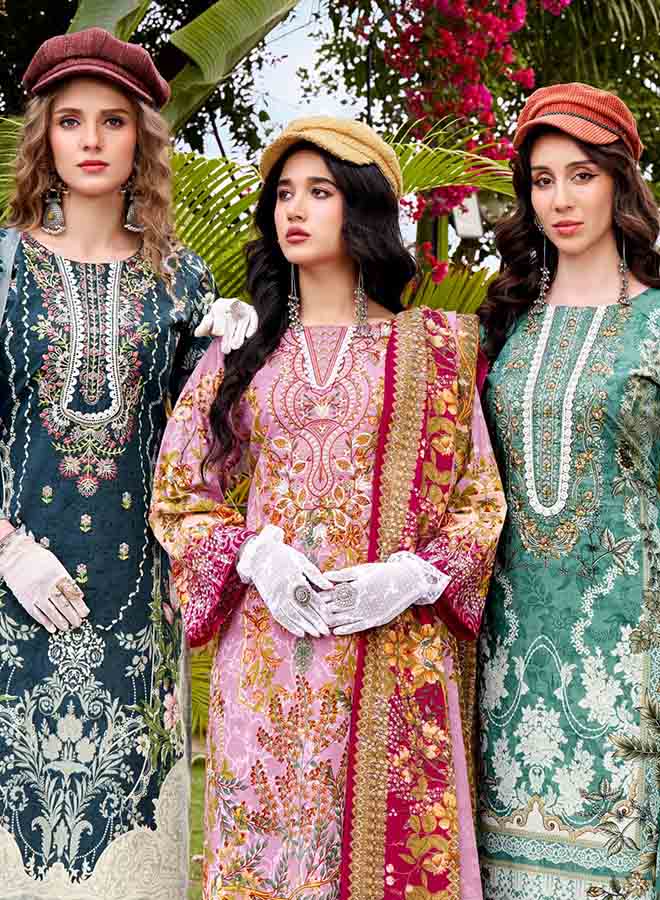 Premium Pakistani Unstitched Cotton Suit Dress Material for Women with Heavy Embroidery and Mal Mal Cotton Dupatta