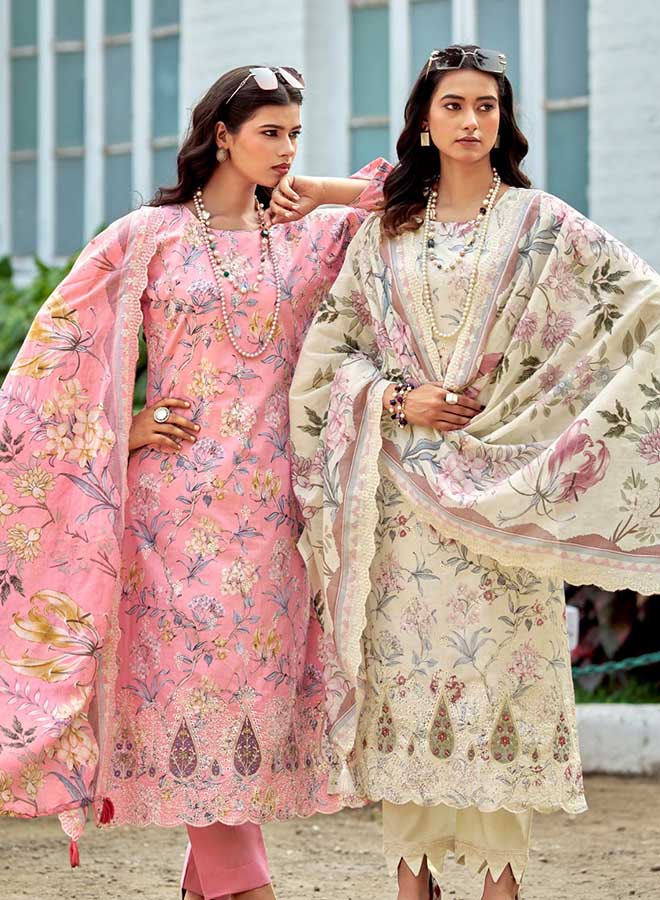 Pakistani Lawn Suit Dress Material with Kashmiri Chikankari Embroidery Neck, Panel Daman Work and Embroidered Dupatta for Women