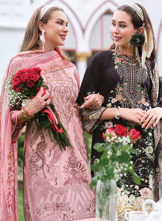 Pure cotton unstitched Pakistani suit material with heavy neck embroidery, digital print shirt, embroidered Mal cotton dupatta and cotton bottom