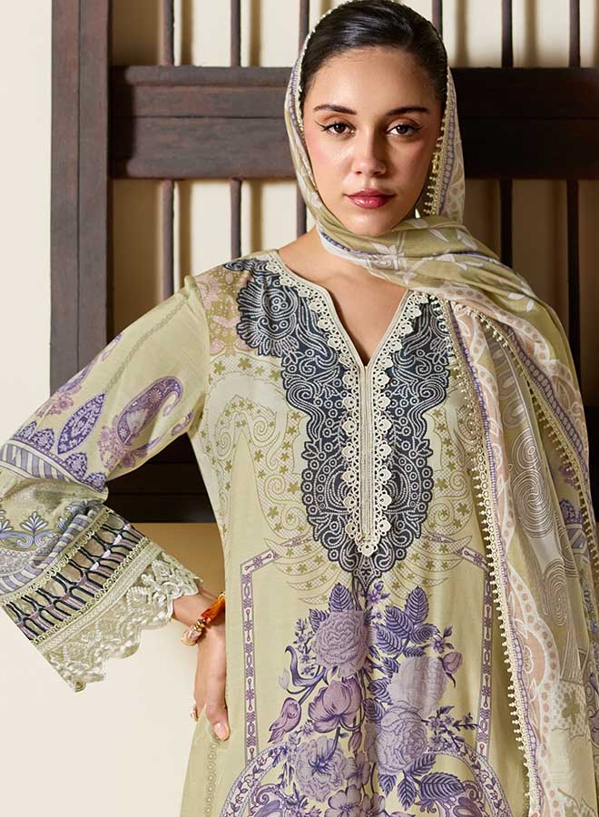 Unstitched muslin Pakistani suit material with digital print, crochet detailing and embroidery