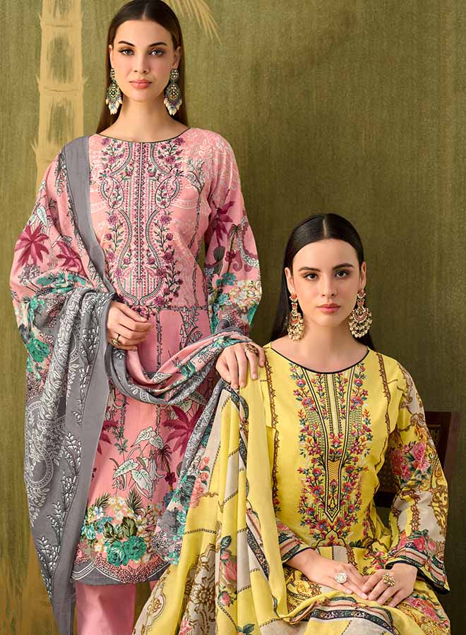 Pakistani unstitched suit for women with floral embroidery and printed dupatta