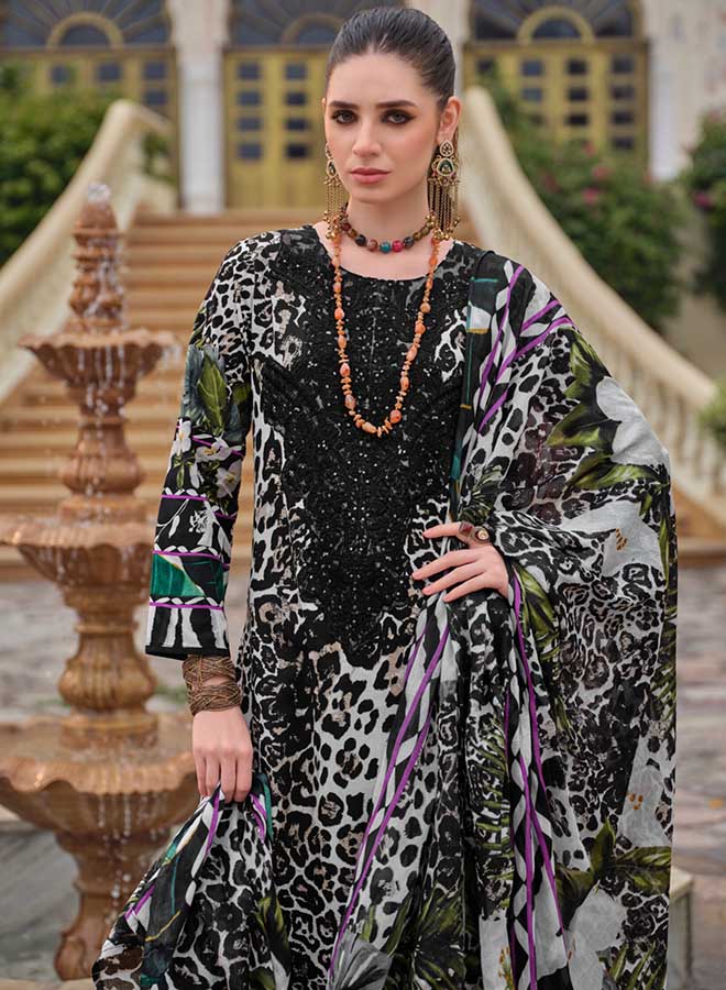 unstitched cotton Pakistani suit dress material for women with Kashmiri embroidery and printed dupatta