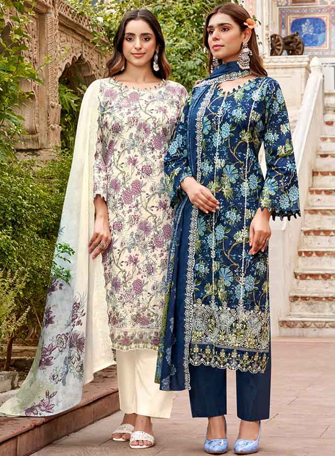 Model wearing a floral Pakistani suit with chikankari embroidery, plain trousers and a contrasting pastel floral dupatta.
